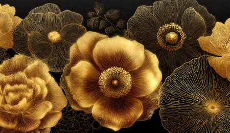Gold floral arrangement with intricate line art over a dark backgroundの素材
