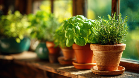 Lush herbs in terracotta pots line a wooden windowsill, overlooking a blurred gardenの素材