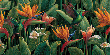 Vibrant tropical art featuring hummingbirds amidst bird-of-paradise flowers and lush foliageの素材