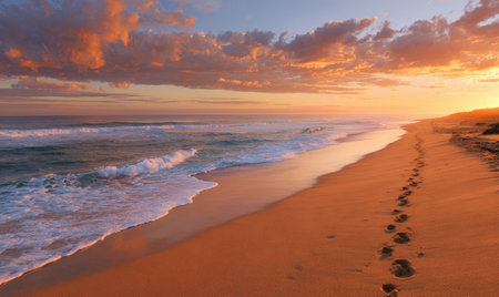 Footprints on a sandy beach at sunset, waves crash, and clouds glow orangeの素材