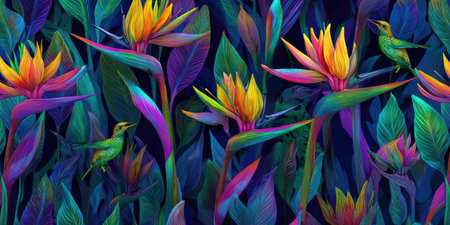Vibrant tropical floral illustration with birds, featuring colorful bird-of-paradise flowers and lush foliageの素材