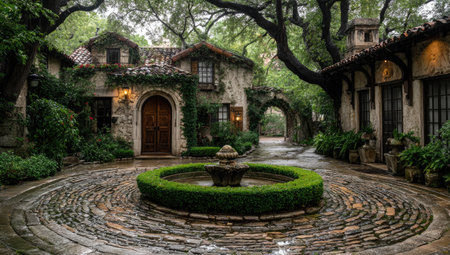 Lush courtyard of stone buildings with a fountain, arches, and overhanging treesの素材