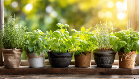 Herb garden with lush green foliage in terracotta pots, sunlight, and blurred outdoor viewの素材