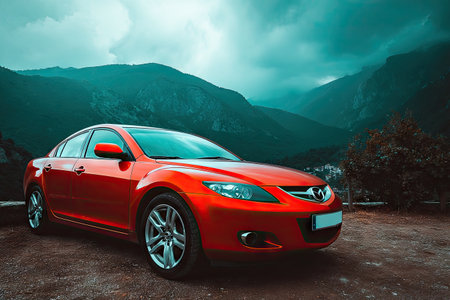 A red sedan parked on a mountain road against a backdrop of lush green peaks under a moody skyの素材