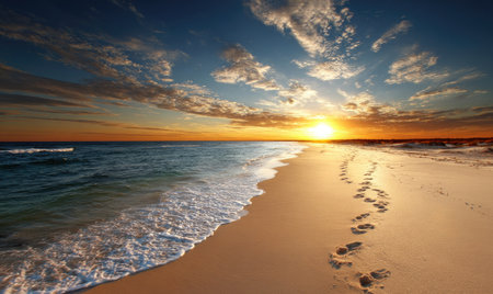 A sunlit beach at sunset, with footprints on the sand. Gentle waves meet the shoreの素材