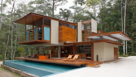 Modern two-story home, cantilevered design, with pool &amp; deck in lush tropical forestの素材