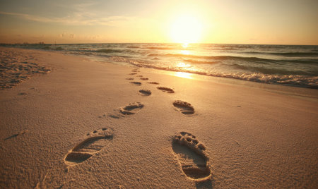 Footprints fade on sun-kissed beach leading towards the horizon as waves lap the shoreの素材