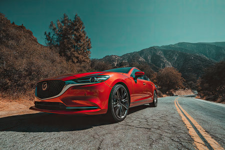 A vibrant red sedan gleams on a winding road, set against a mountain backdrop under a blue skyの素材