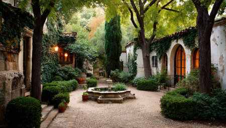 Picturesque courtyard with weathered stone walls, lush greenery, and a small fountainの素材
