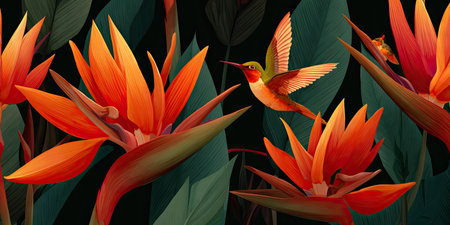 A vibrant illustration of orange Bird of Paradise flowers, green leaves and a hummingbirdの素材