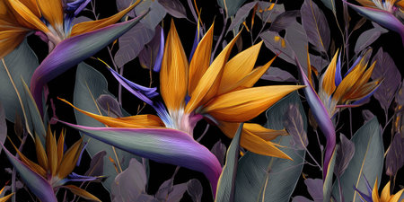 Floral arrangement with stylized orange and purple bird of paradise flowers and foliageの素材