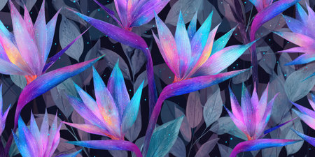 Floral pattern with colorful bird of paradise flowers and leaves against a dark backgroundの素材