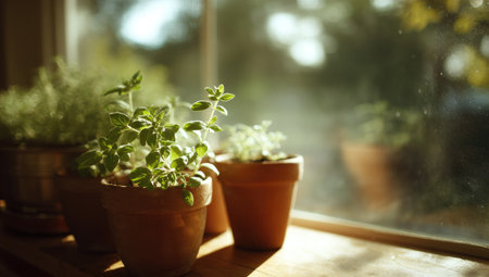 Close-up of small potted herbs in a sunlit windowsill, softly focusedの素材