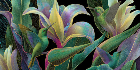 Lush floral art with hummingbirds, vibrant colors, and a dark background, creating a tropical sceneの素材