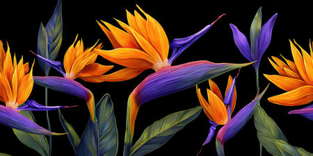 Vibrant Bird of Paradise flowers, orange and purple, against a stark black backdrop with foliageの素材