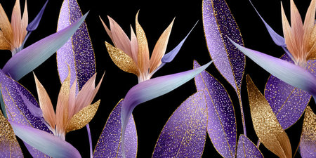 Stylized illustration of bird-of-paradise flowers and leaves with glitter accents against blackの素材