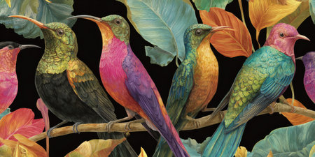 Colorful hummingbirds perch on a branch surrounded by foliage, against a black backgroundの素材