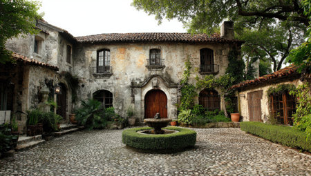 Stone facade of a historic villa with a courtyard, fountain, and lush greeneryの素材