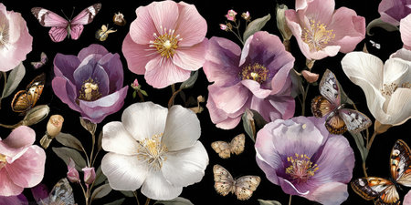 Floral illustration featuring watercolor-style blooms in pink, purple, white, and butterflies against blackの素材