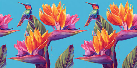 Repeating pattern of colorful birds, flowers, and leaves against a teal backgroundの素材