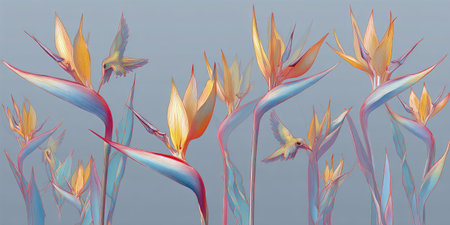 Pastel painting of bird-of-paradise flowers, birds in flight, soft color palette, on a blue backgroundの素材