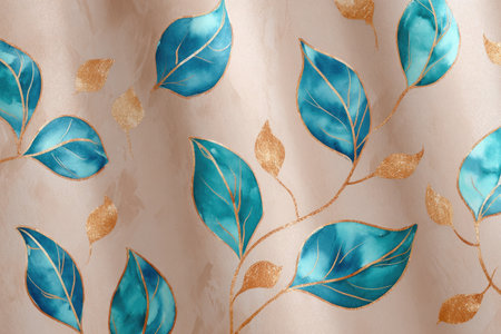 Watercolor teal leaves with gold outlines on a light beige, textured backgroundの素材