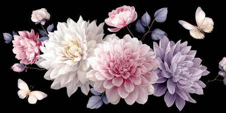 Floral illustration featuring various colored blooms and butterflies on a stark black backgroundの素材