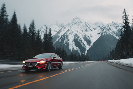 A red sedan speeds along a highway toward a snowy mountain range, trees lining the routeの素材