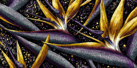 Abstract illustration of tropical flowers with dark purple leaves and gold blooms against a starry blackの素材