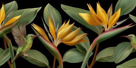 A vibrant floral design with yellow flowers, green leaves, and a hovering hummingbird against a dark backdropの素材