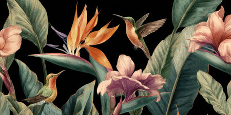 A botanical illustration featuring hummingbirds, exotic flowers, and foliage set against a dark backdropの素材