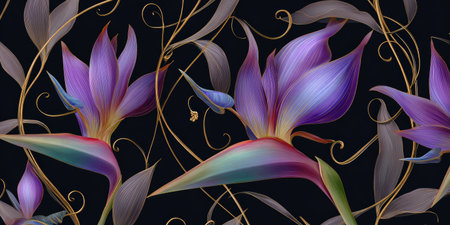 Exotic flowers with purple and gold accents on a dark background, elegant floral designの素材
