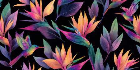 Tropical floral pattern with vibrant bird-of-paradise flowers, foliage, and hummingbirds on blackの素材