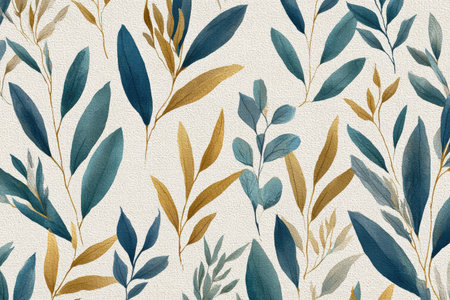 Watercolor botanical pattern features stylized leaves in teal, gold, and muted blue hues against creamの素材