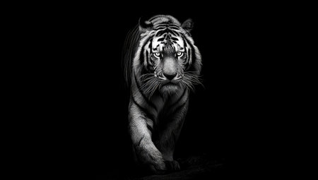 A majestic tiger, black and white, strides purposefully towards the viewer against a dark backgroundの素材
