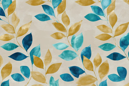 Watercolor repeating pattern of stylized leaves in teal, gold, and blues on a beige backgroundの素材
