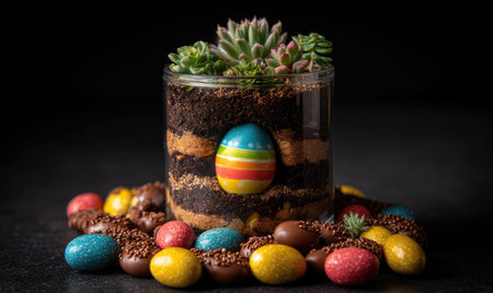A layered glass terrarium with succulents and an Easter egg, surrounded by treatsの素材