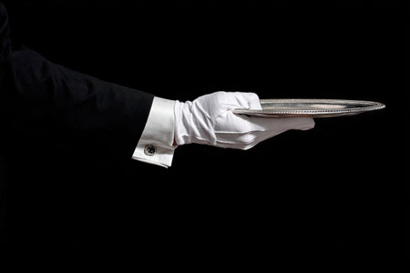 Formal hand in white glove holding an empty silver tray, presented against a black backdropの素材