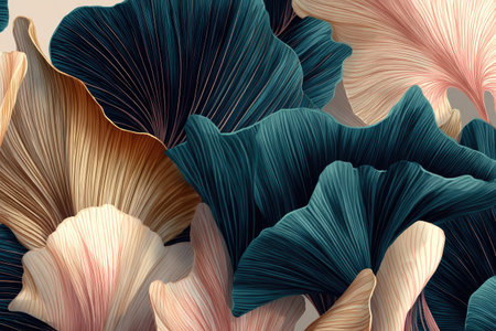 Botanical illustration features stylized, overlapping leaf clusters in varied hues and texturesの素材