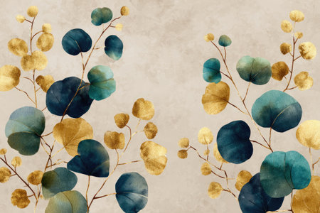 Abstract botanical illustration of eucalyptus leaves in gold and teal against a mottled beige backdropの素材