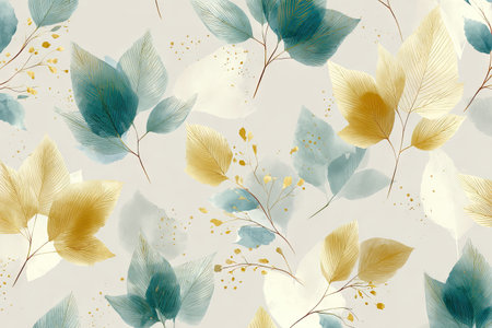 Watercolor foliage pattern with teal and gold leaves, soft neutral backgroundの素材