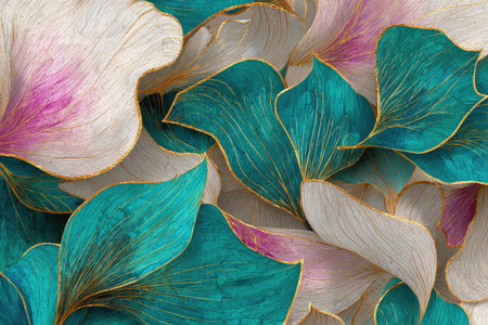 Abstract floral design with teal, pink, &amp; white leaves, gold accentsの素材