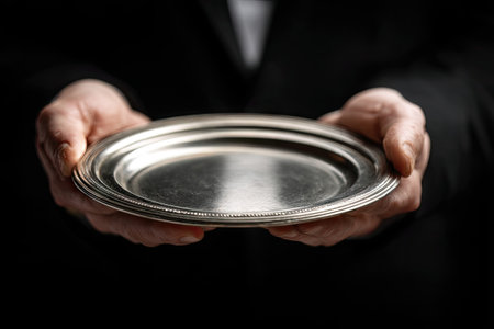 Person&#39;s hands hold out an empty silver plate against a dark background, offeringの素材