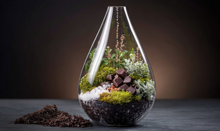 A teardrop-shaped glass terrarium houses miniature plants, moss, rocks, and cubes on a dark surfaceの素材