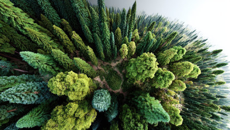Aerial view of a lush forest canopy, diverse tree species in shades of greenの素材
