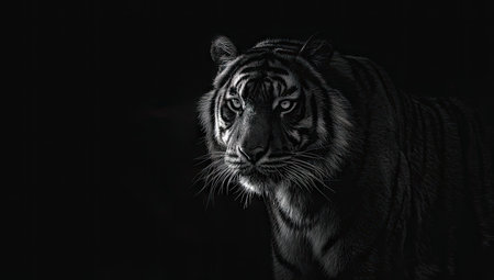 A black and white image of a tiger, focused and alert, emerging from darknessの素材