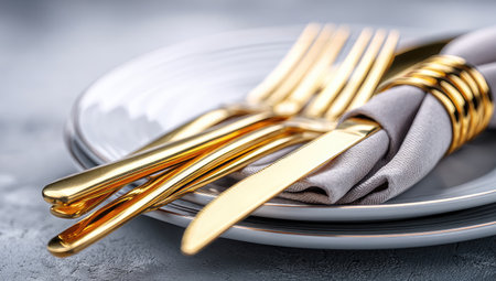 Elegant table setting with gold cutlery, plates, and a cloth napkin. Focus on detailsの素材