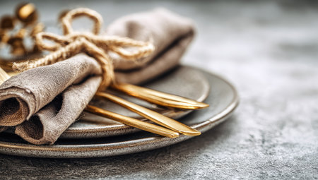 Elegant table setting. Plates, cutlery, napkin tied with twine, soft lightingの素材