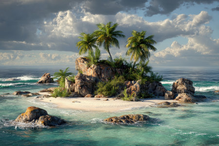 A serene tropical island with palm trees, rocks, and clear water under a cloudy skyの素材