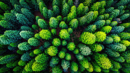 Overhead aerial view of a lush, dense forest canopy with varying shades of green foliageの素材